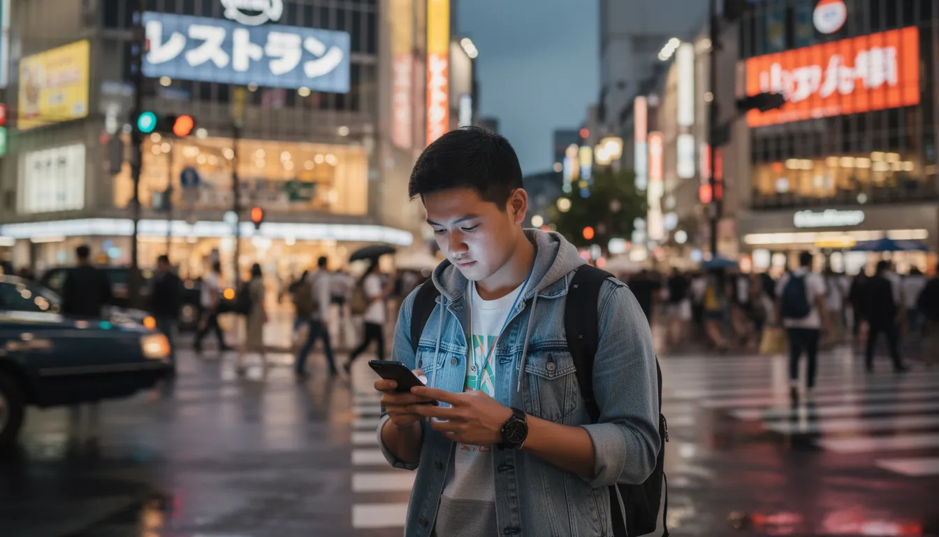 A person is navigating through a busy Tokyo street while using a smartphone, likely relying on a reliable mobile data plan for intern. The scene captures the hustle and bustle of the city, highlighting the importance of dependable travel data for navigating urban environments.