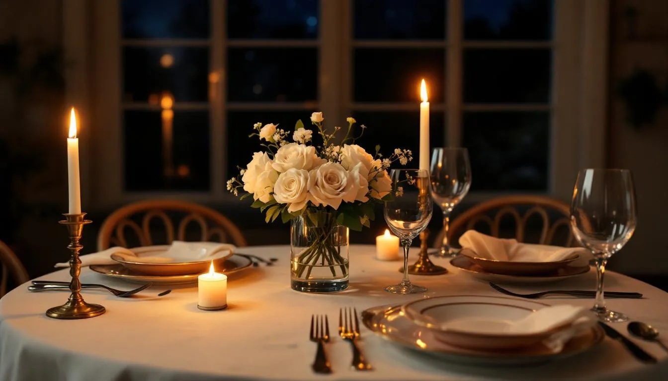En romantiskt uppdukad middag för två med levande ljus och en elegant dukning, perfekt för att överraska din make med en speciell kväll. Denna stämningsfulla atmosfär skapar en idealisk miljö för att njuta av en intim middag tillsammans.