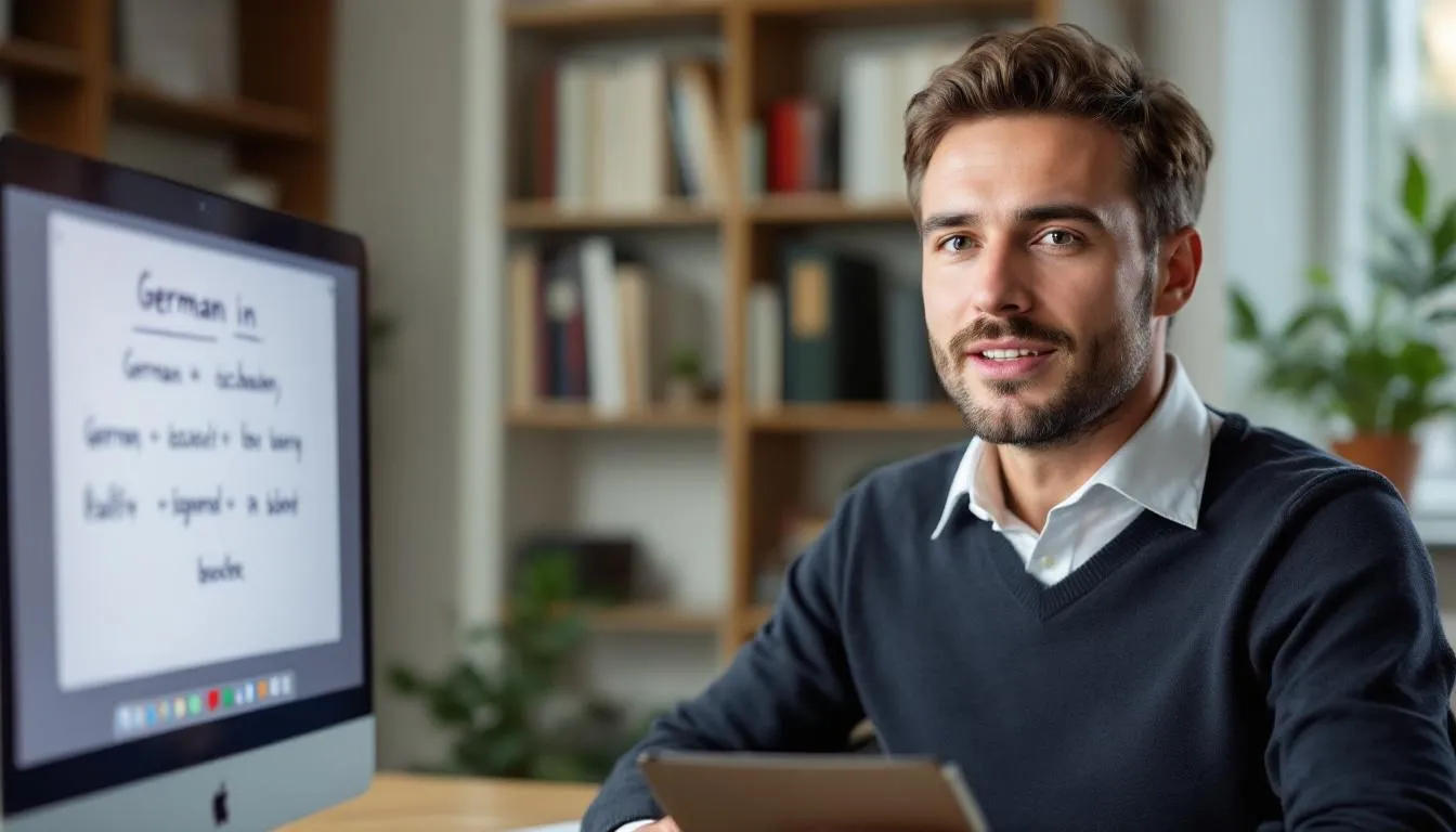 Un profesor está enseñando alemán de forma online, utilizando una aplicación en su computadora. En la pantalla se pueden ver lecciones interactivas que incluyen vocabulario y ejercicios de gramática, mientras el docente interactúa con sus alumnos a través de videoconferencia.