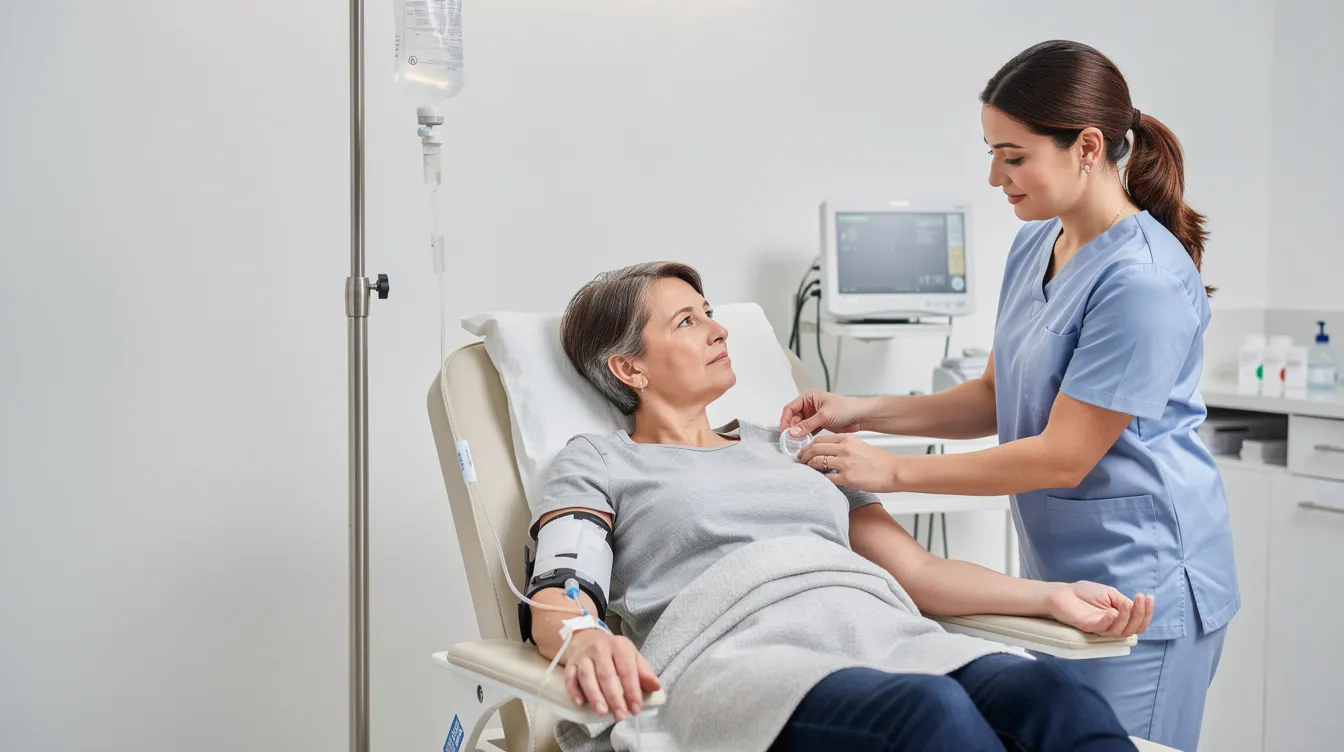 The image shows a patient receiving intravenous treatment in a clinical setting, highlighting the importance of medical care for individuals dealing with severe medical conditions like cancer. This scene underscores the need for resources such as cancer disability benefits and health insurance to support patients during their treatment journey.