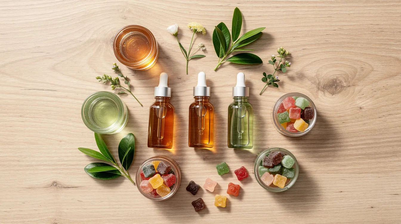 The image features an assortment of wellness products, including colorful gummy supplements and sleek glass tincture bottles, elegantly arranged on a natural wooden surface adorned with green leaves. This setup highlights the growing interest in hemp-derived products, reflecting the evolving landscape of cannabis management and the legal status of such items in New York.