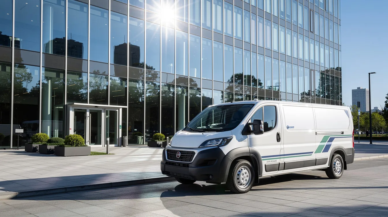 A mobile service van is parked outside a commercial building with large glass windows that reflect the sunlight. This van represents a franchise opportunity in the home services sector, focusing on energy efficiency and indoor air quality solutions.