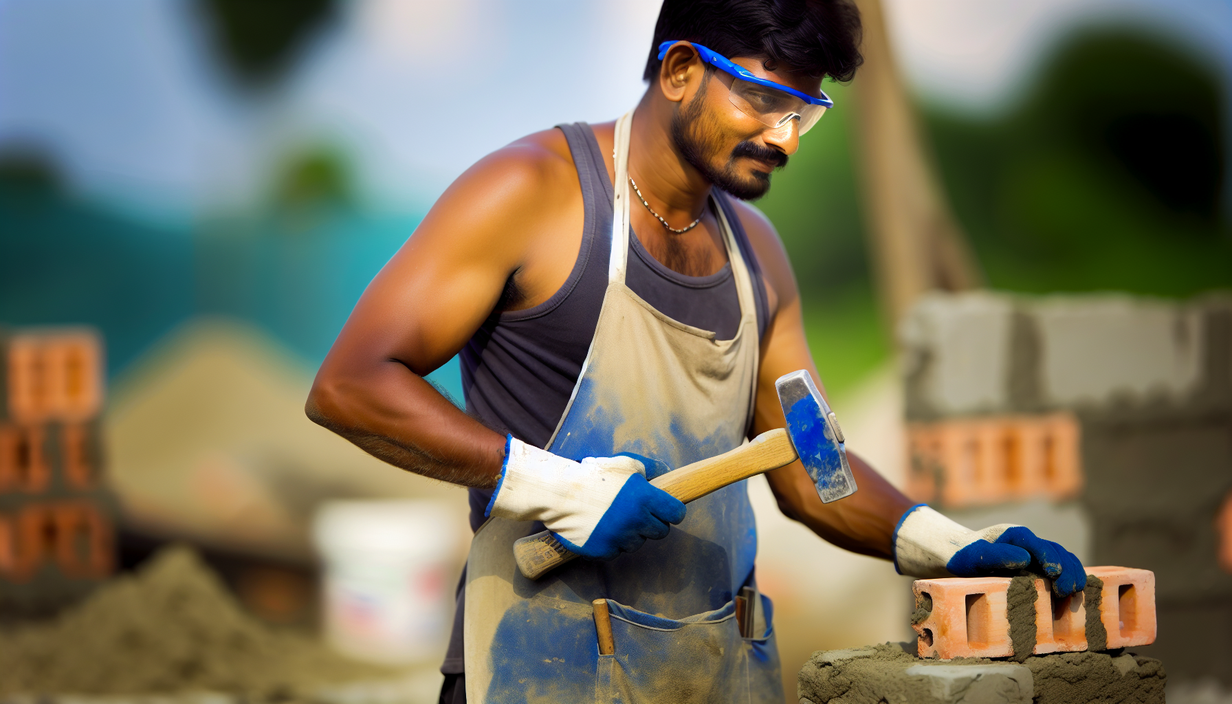 A professional mason using a big blue bricklayer hammer