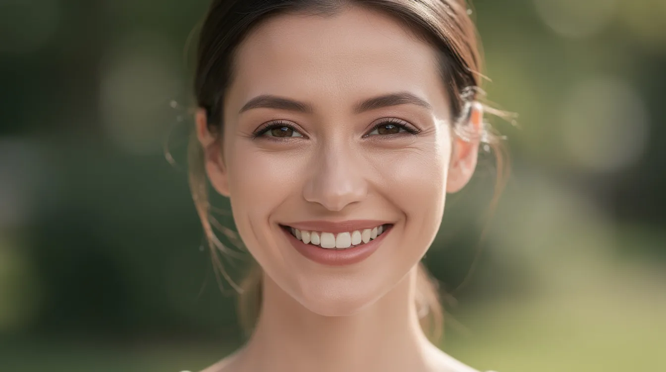 A woman is smiling naturally in daylight, showcasing her balanced and proportional facial features, including a well-defined natural lip line that emphasizes her upper lip. Her appearance reflects the effectiveness of lip filler treatments, achieving natural-looking results without signs of filler migration or an unnatural appearance.