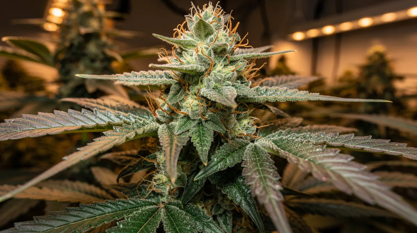 Cannabis-Pflanze in späten Blütephase mit dichten reifen Blütenständen.