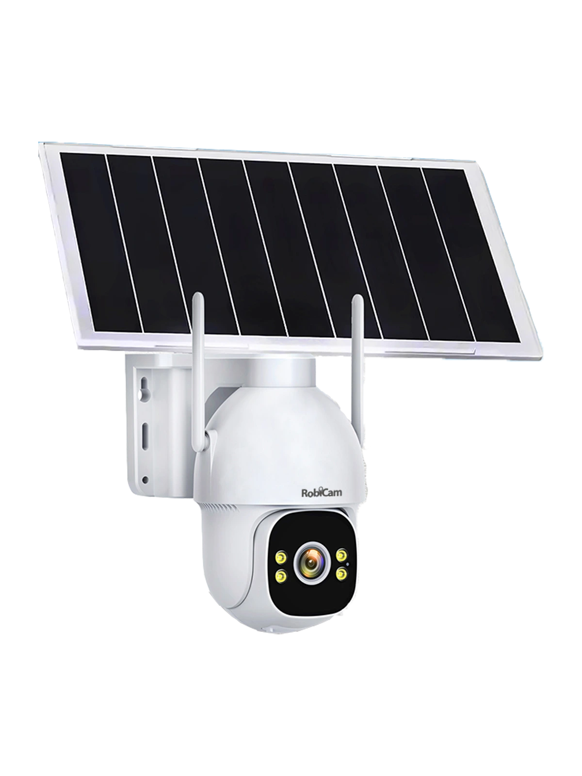 Снимка на Robicam PTZ соларна камера със сим карта. Камерата е с два антени и монтиран върху нея соларен панел