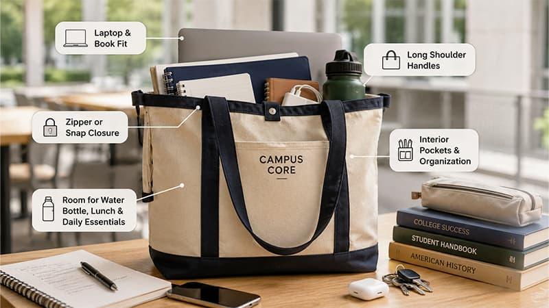 College tote bag with laptop, books, water bottle, long handles, closure, and interior pockets.