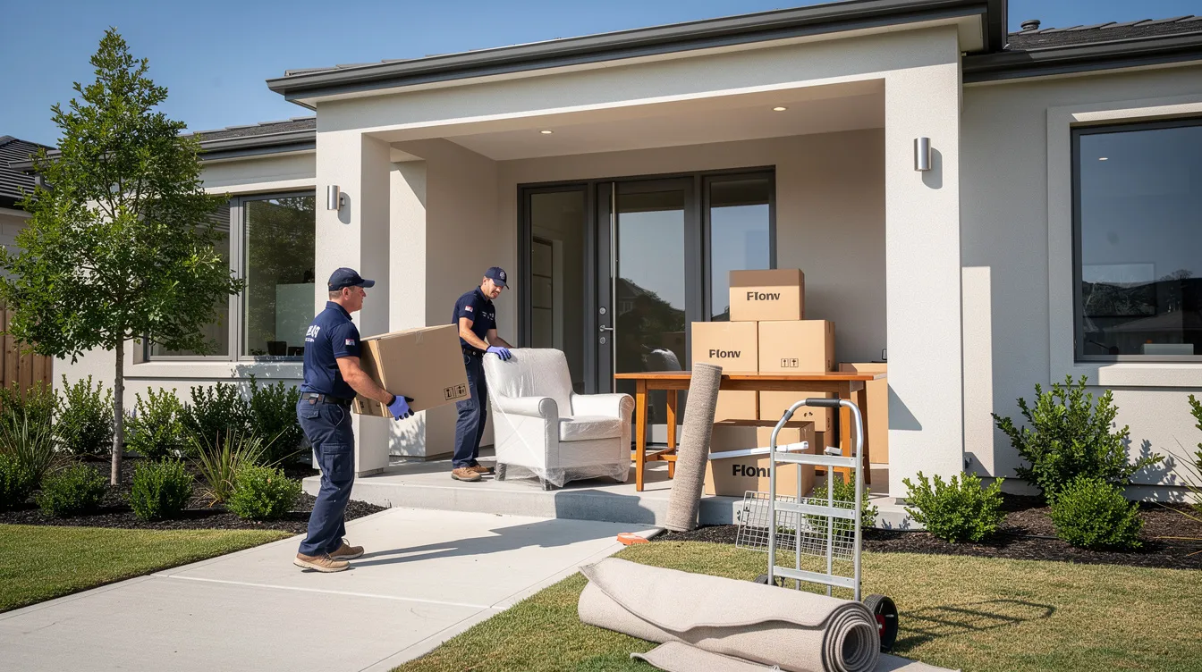 A team of professional movers is unloading boxes and furniture at the entrance of a modern home, ensuring a smooth and stress-free moving experience for their clients. The movers handle household items and appliances with care, utilizing premium packing materials to protect fragile belongings during the relocation process.