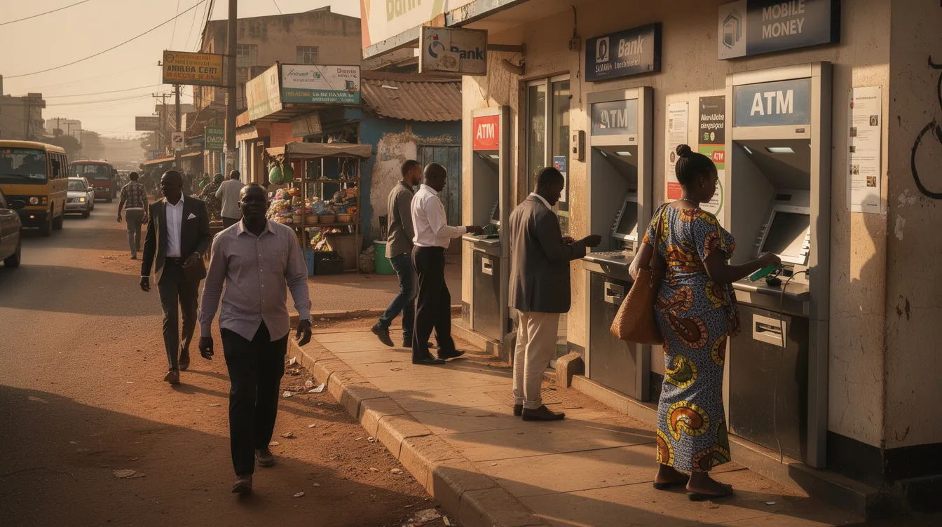 The image depicts a bustling African street where people are walking past several ATM machines, highlighting the local banking system's accessibility. This scene reflects the vibrant financial activity in Senegal, where both locals and expats manage their bank accounts and utilize mobile banking services for seamless financial operations.