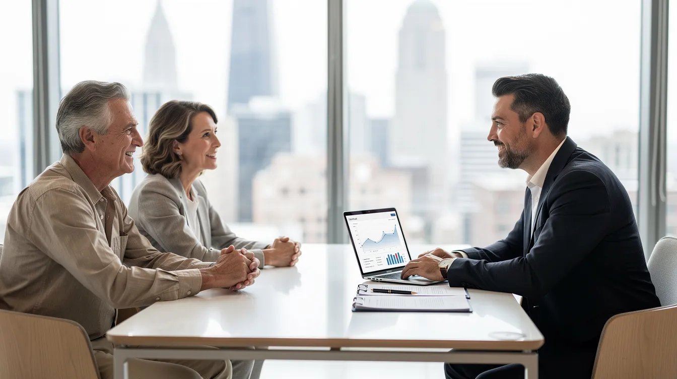 The image depicts a mature couple engaged in a discussion with a financial advisor in a modern office, focusing on retirement planning. They are exploring options for retirement savings, investment strategies, and the implications of their retirement accounts to ensure a secure retirement.