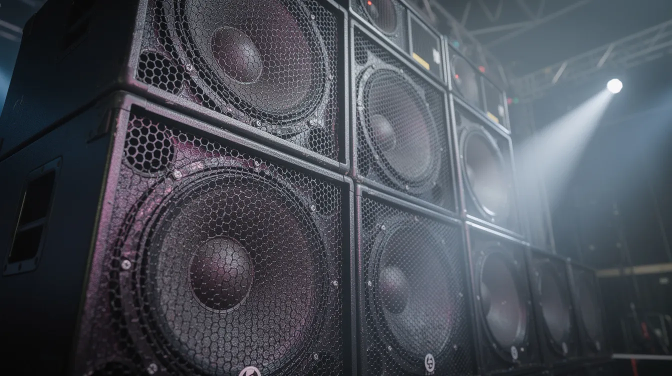 A close-up view of professional concert speakers and subwoofers stacked in a large indoor venue, surrounded by atmospheric haze, showcasing the essential sound reinforcement equipment used for live performances and events. This setup is crucial for delivering high-quality audio experiences, enhancing the energy of music genres like hip hop and creating unforgettable moments for the audience.