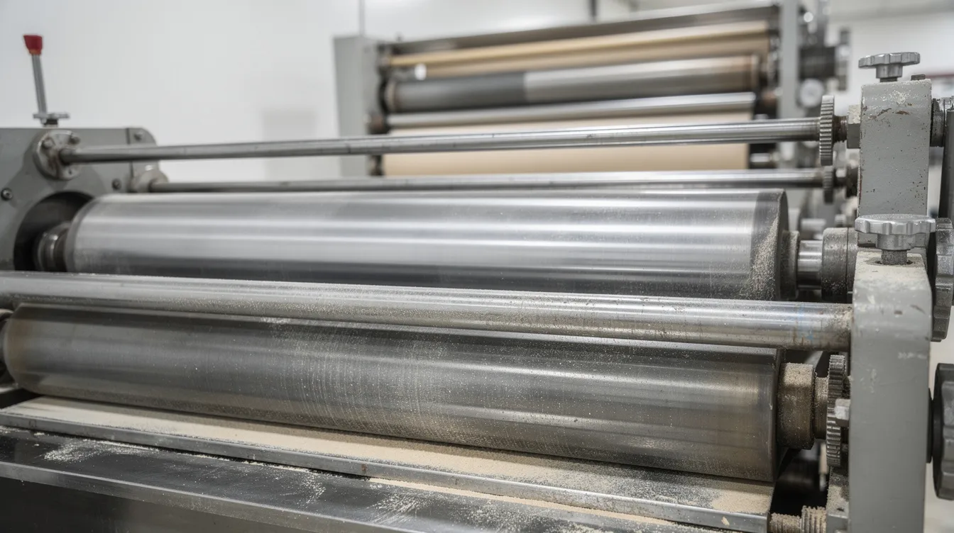 6c02b488 19a3 4050 859a 0c9999a85a8a The image shows a close-up view of industrial steel roller mill equipment inside a wheat flour milling facility, highlighting the advanced technology and premium quality mild steel used in the machinery. This setup is essential for producing consistent product quality in the wheat processing industry, showcasing the intricate design of the roller flour mill that contributes to efficient flour production.