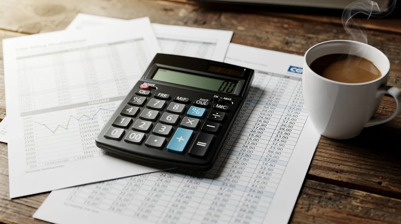 The image shows a calculator and financial statements neatly arranged on a wooden table, accompanied by a cup of coffee, suggesting a moment of financial planning or assessment. This scene may evoke themes related to personal loans and monthly repayment amounts, emphasizing the importance of understanding one's financial situation.