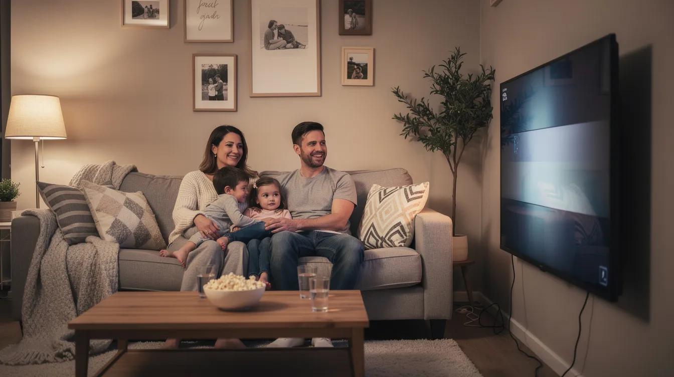 A family is gathered in a cozy living room, enjoying their favorite shows on a large television. The warm ambiance and comfortable seating create a perfect home entertainment setting, ideal for watching DSTV channels together.