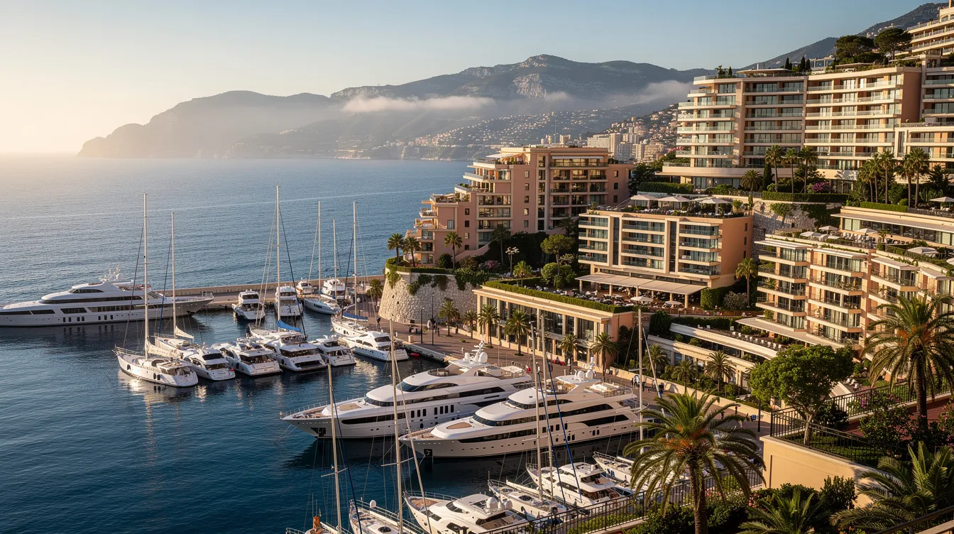 Ein Panoramablick auf den Hafen von Monaco zeigt zahlreiche Yachten und luxuriöse Apartments, die am Hang liegen. Diese Szenerie spiegelt den Reichtum und das Vermögen wider, das mit Persönlichkeiten wie Nico Rosberg, dem Formel 1 Weltmeister, verbunden ist.