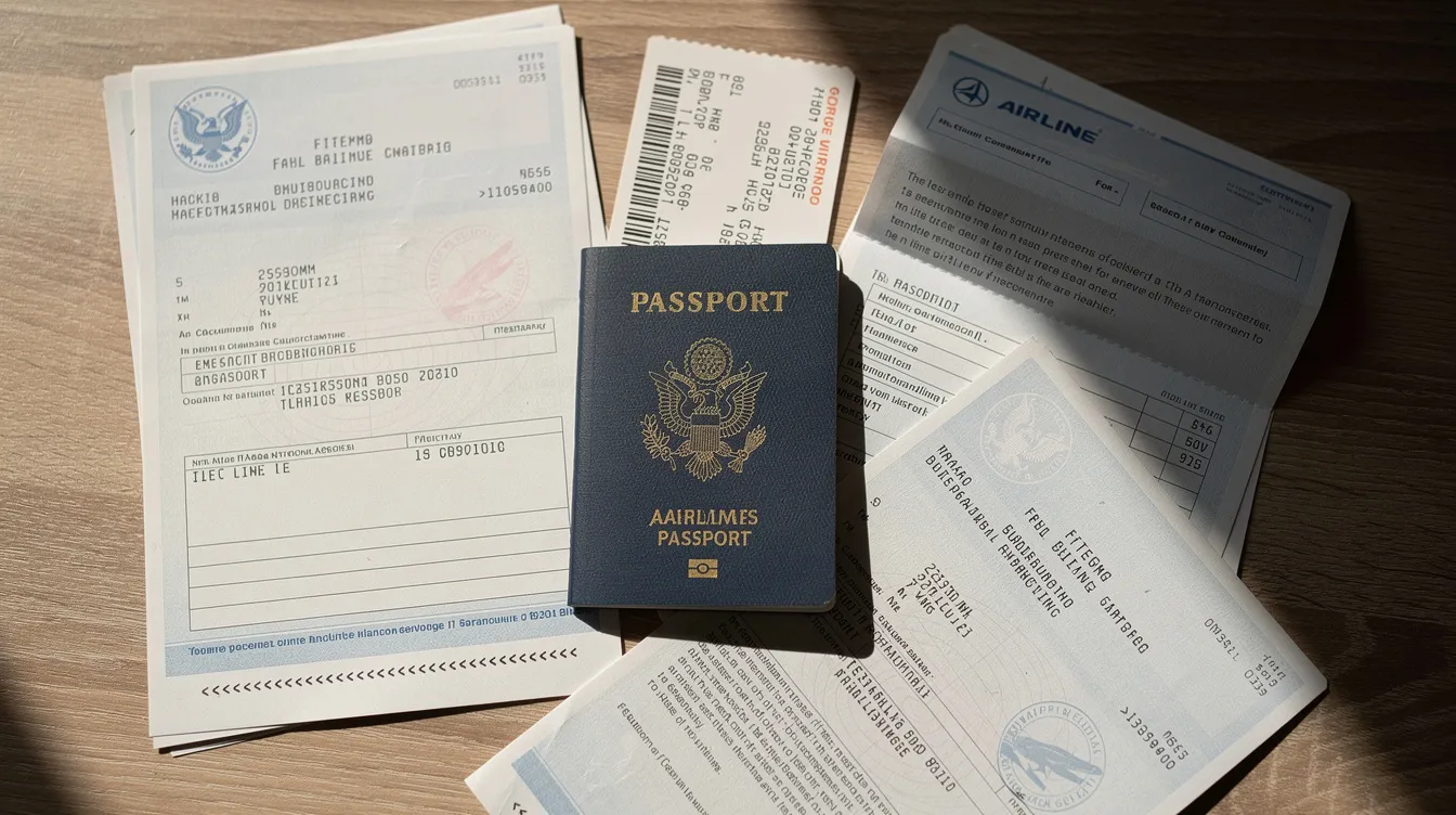 The image shows a neatly arranged collection of important travel documents, including a Ghana passport, a boarding pass, and other paperwork, all placed on a wooden desk. This setup highlights the essential items needed for Ghanaian nationals preparing for international travel or the renewal process of their passport.