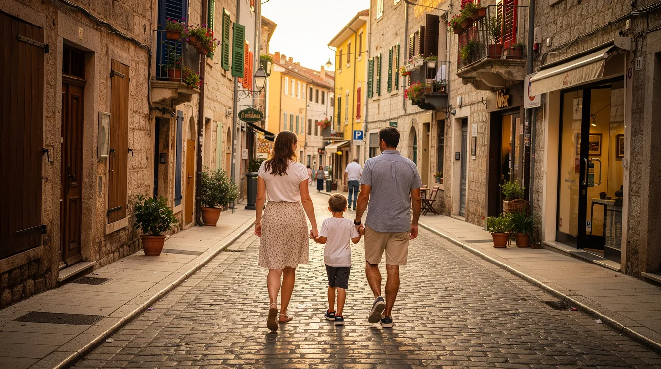 A family of four, including two children, is walking together on a charming European street lined with cafes and shops. They are enjoying their time together, embodying the spirit of family reunification and social integration, which are key aspects of Spanish immigration regulations.
