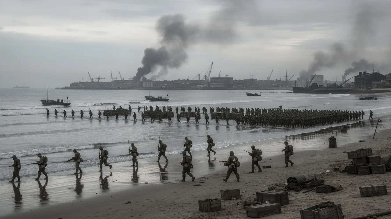 Die historische Szene zeigt einen breiten Sandstrand, auf dem lange Reihen von Soldaten ins flache Wasser waten, während dunkler Rauch am Horizont über der Hafenstadt Dünkirchen aufsteigt. Diese Darstellung erinnert an die dramatischen Ereignisse der Evakuierung während des Zweiten Weltkriegs.