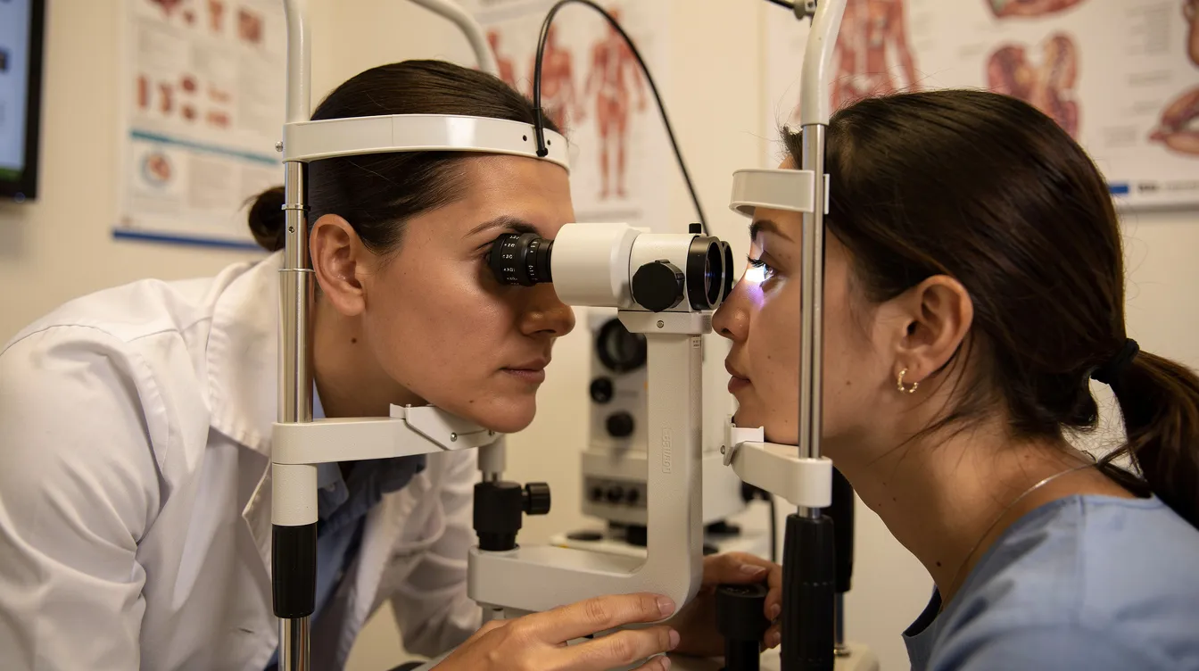 An ophthalmologist is examining a patient's eye using a slit lamp in a consultation room, highlighting the importance of comprehensive eye care services in detecting conditions like cataracts and glaucoma. This scene reflects the high standards of quality care provided by eye hospitals, such as those in the Aravind Eye Care System, which aim to improve eye health and prevent blindness.