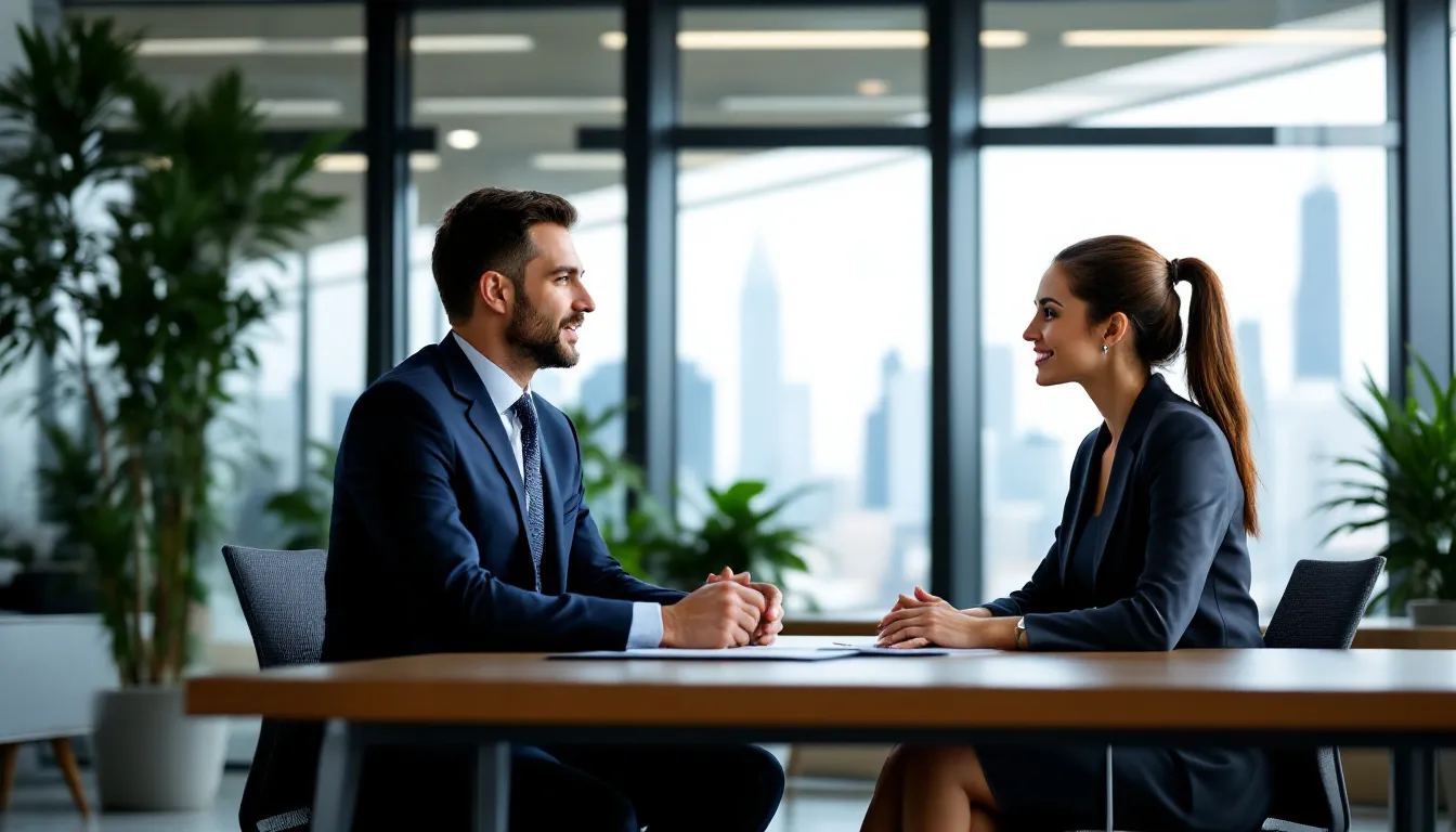 A professional financial advisor is seated across from a government employee in a sleek, modern office, discussing the Florida Retirement System (FRS) pension plan and its various options for retirement. The scene reflects a focus on providing financial guidance regarding local government retirement plans and ensuring the employee understands their service history and contributions.