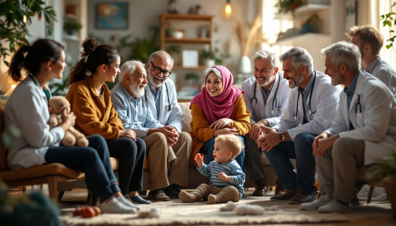 A diverse group of patients receiving care from primary care doctors of all ages.