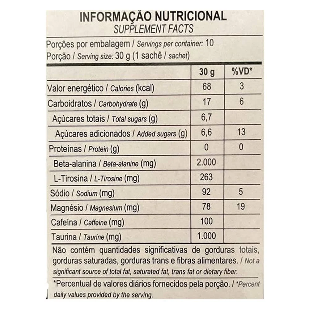 Informação nutricional pré-treino Horus em gel Max Titanium. Imagem: DrogaRaia