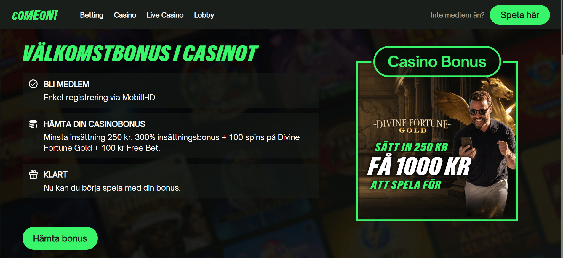 ComeOns startsida med välkomstbonus för casino och information om bonuserbjudandet.