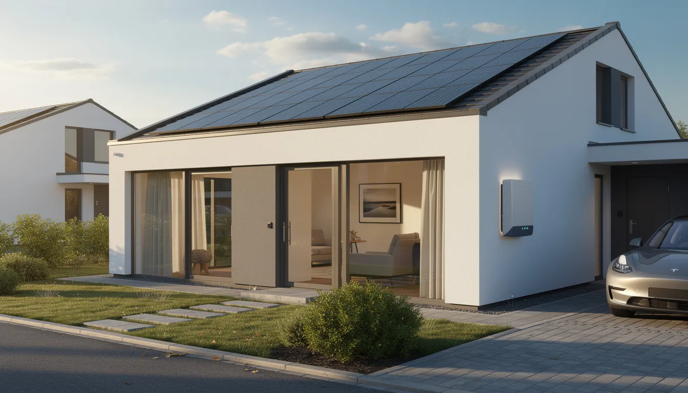 Nowoczesny dom jednorodzinny z panelami fotowoltaicznymi na dachu oraz magazynem energii umieszczonym przy ścianie budynku. Obiekt budowlany spełnia wymagania ochrony przeciwpożarowej i jest zgodny z miejscowym planem zagospodarowania przestrzennego.