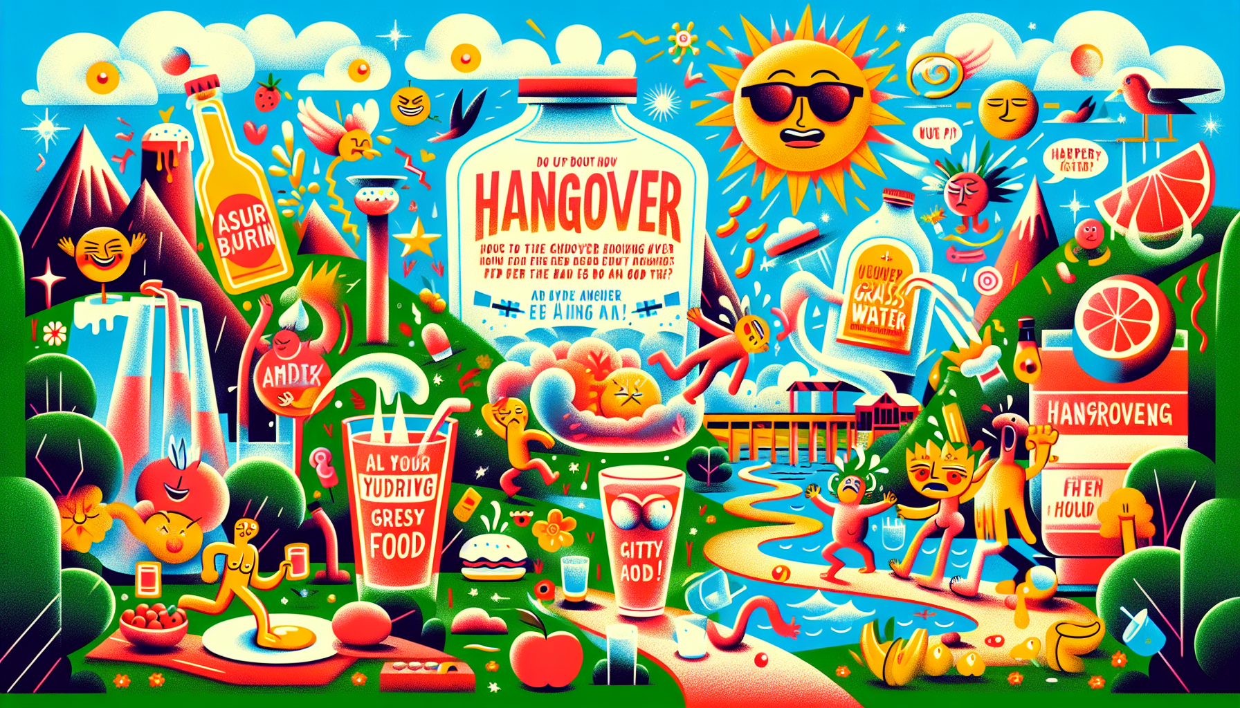 An illustration debunking common hangover myths, featuring various misconceptions and facts.