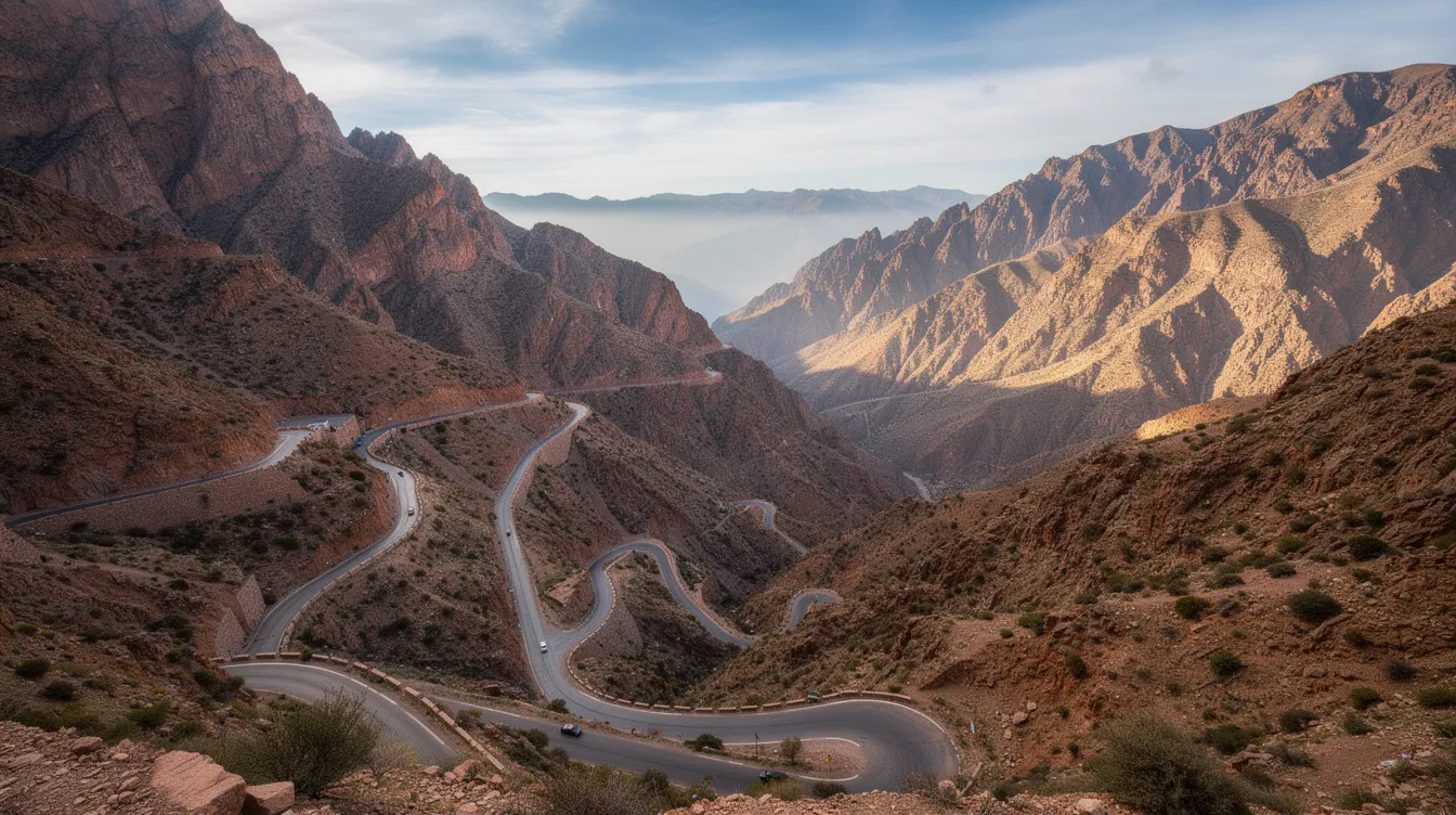 The image depicts a winding road cutting through the majestic High Atlas Mountains, showcasing dramatic scenery with towering peaks and lush valleys. This picturesque route is a popular choice for travelers embarking on desert tours from Marrakech to the Sahara, offering stunning views that highlight Morocco's diverse landscapes.