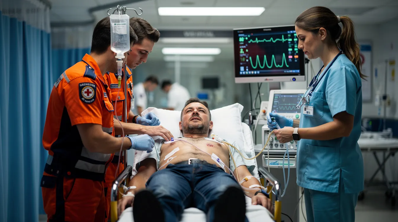 The image depicts a person receiving emergency medical attention, surrounded by medical professionals who are attending to their injuries. This scene highlights the critical response needed after accidents, such as a train accident, emphasizing the importance of medical care for victims and their rights in the aftermath.