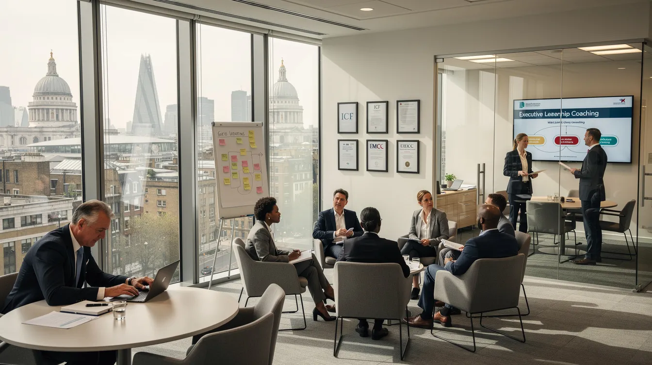 The image showcases a vibrant coaching session in London, where senior leaders engage in leadership development activities, enhancing their emotional intelligence and communication skills. This dynamic environment reflects the essence of executive coaching, focusing on personal and professional growth for high-performing teams and emerging leaders.