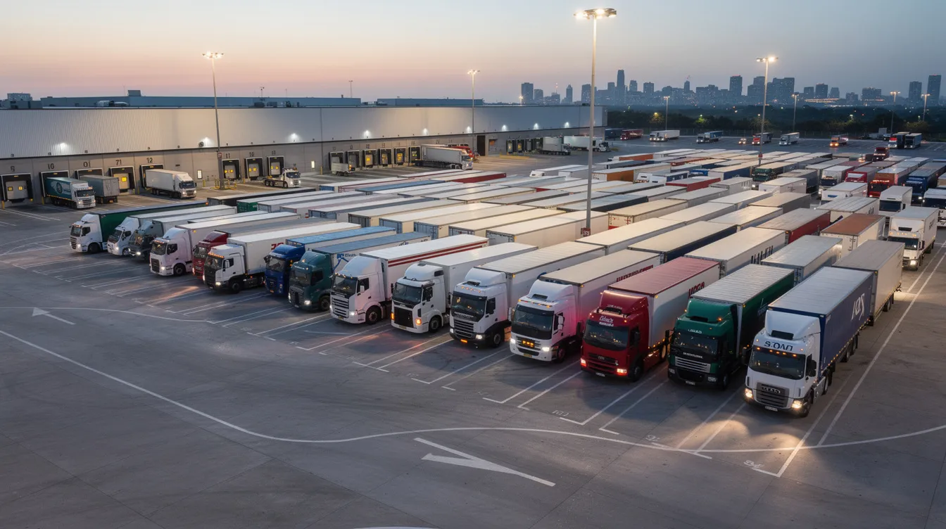 ELD Telematics Installation Services: The image shows a fleet of semi trucks parked at a commercial terminal, highlighting various vehicle types ready for operation.