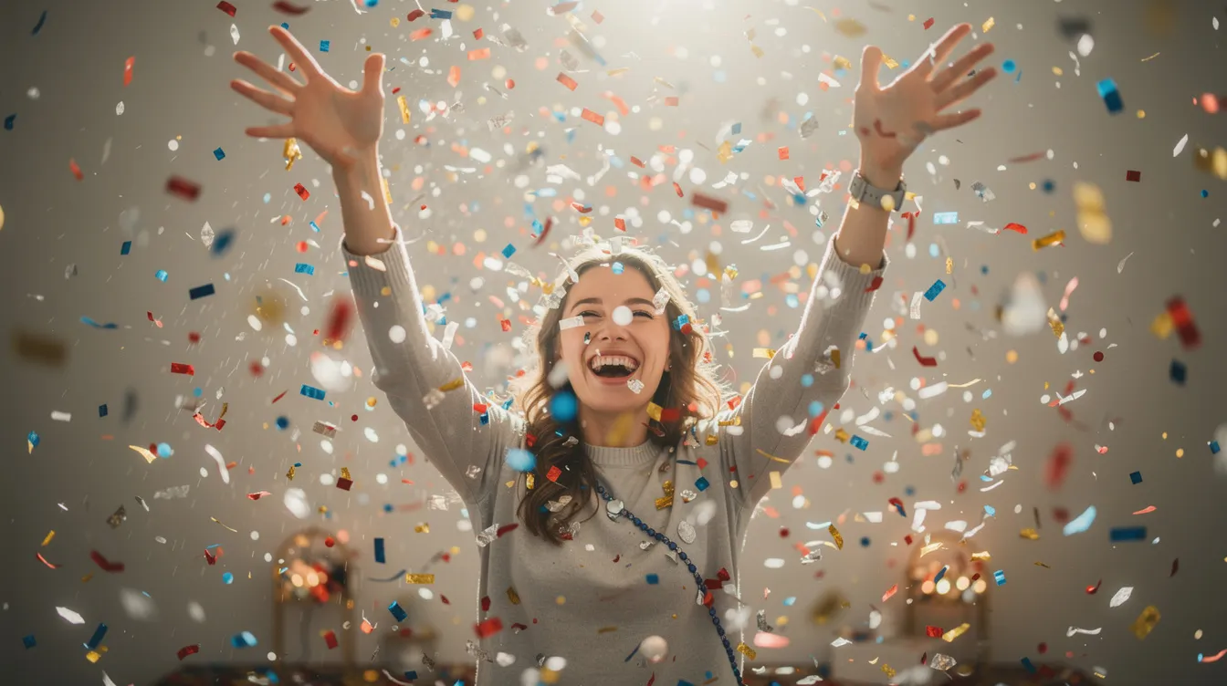 A joyful person is celebrating with their hands raised in the air, surrounded by colorful confetti falling around them, capturing the excitement similar to winning a progressive jackpot. The image conveys a sense of triumph and happiness, reminiscent of the thrill found in playing progressive slot machines at online casinos.