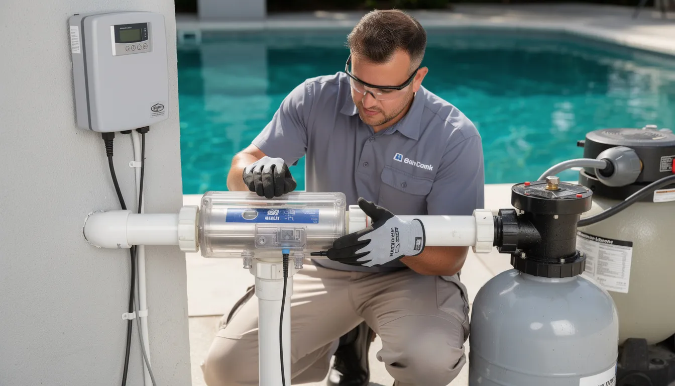 A pool technician is installing a saltwater chlorinator in the plumbing area of a swimming pool, ensuring the system will convert salt into chlorine for effective pool maintenance. This installation aims to provide consistent chlorine levels, enhancing the overall water quality and creating a more enjoyable swimming experience.