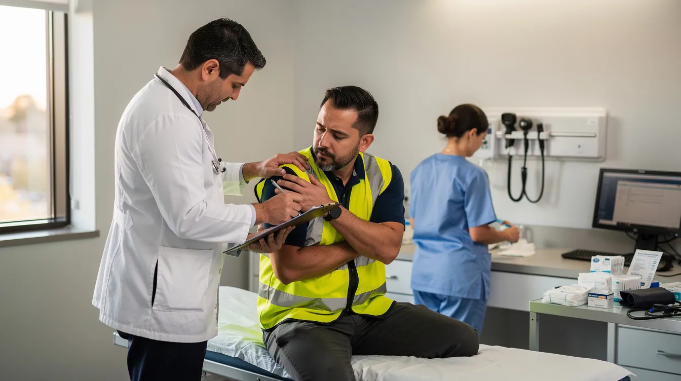 An ultra-realistic photograph captures a construction worker in a high-visibility vest sitting in a modern medical clinic in Phoenix, Arizona, as a doctor in a white coat examines his injured shoulder. The scene conveys professionalism and urgency, highlighting the importance of medical treatment and workers compensation for on-the-job injuries, with a nurse preparing supplies in the background.