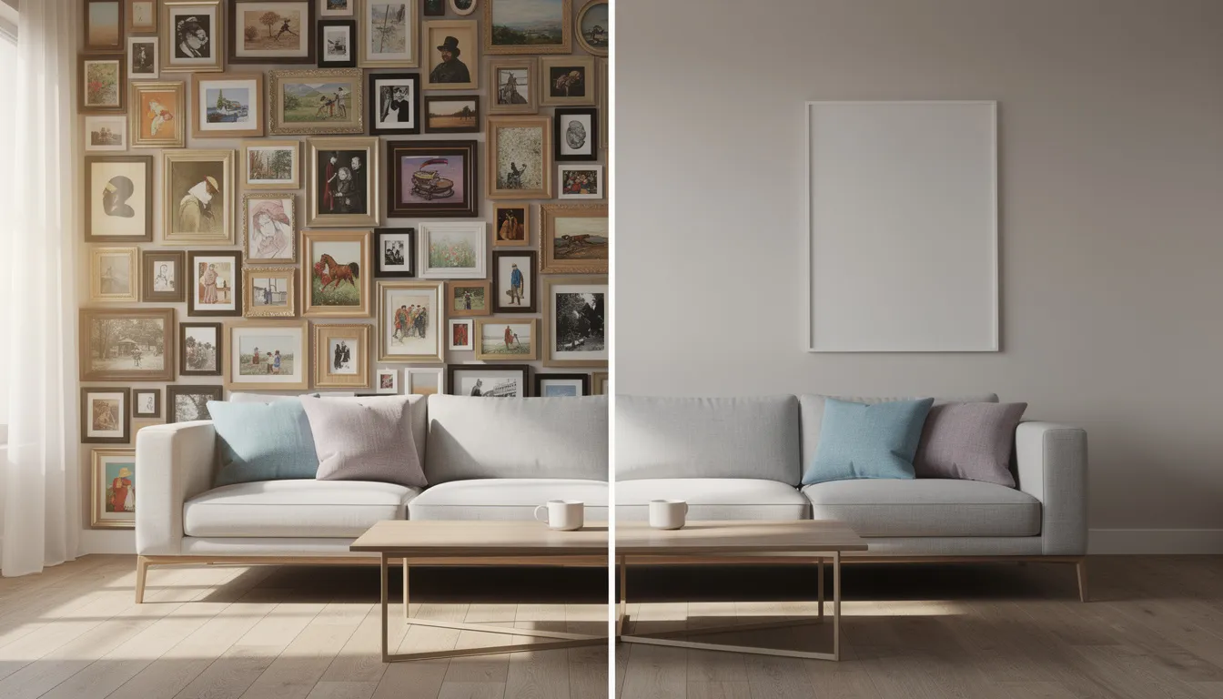 The image contrasts a cluttered gallery wall filled with numerous small frames, showcasing various art pieces, against a clean wall featuring a single large artwork that emphasizes simplicity and elegance. Interior designers warn that while trendy discount pieces may initially seem appealing, they can lead to costly mistakes in home décor, making it worth considering timeless, high-quality pieces for a more cohesive and stylish interior design.