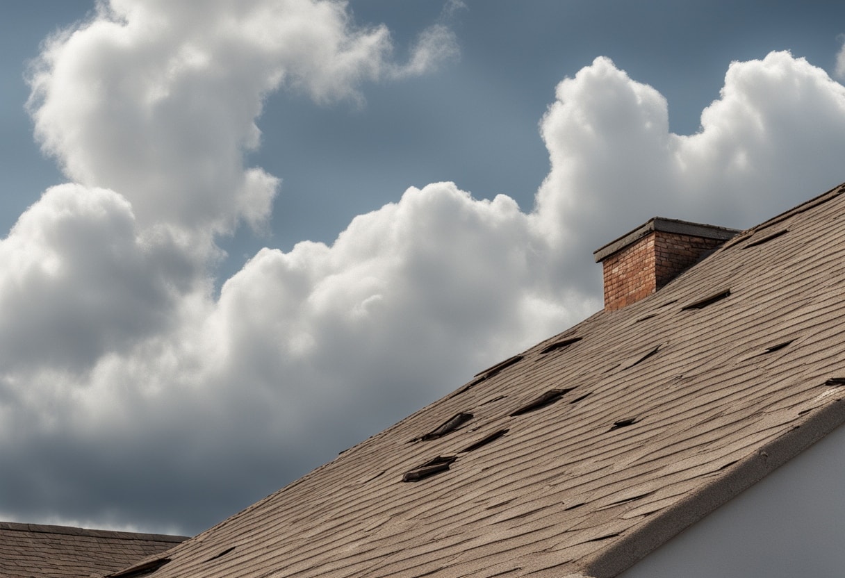 A high-resolution image of a weathered commercial rooftop with visible signs of aging—such as cracked, curling, or missing shingles—under a partly cloudy sky. In the background, include the building's structure to emphasize its size and value, subtly suggesting the importance of maintenance and protection.