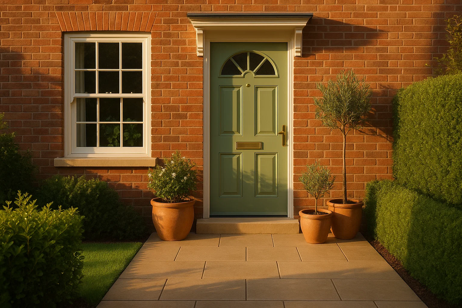 UK home front garden with small improvements like paint, pots, and tidy paving.