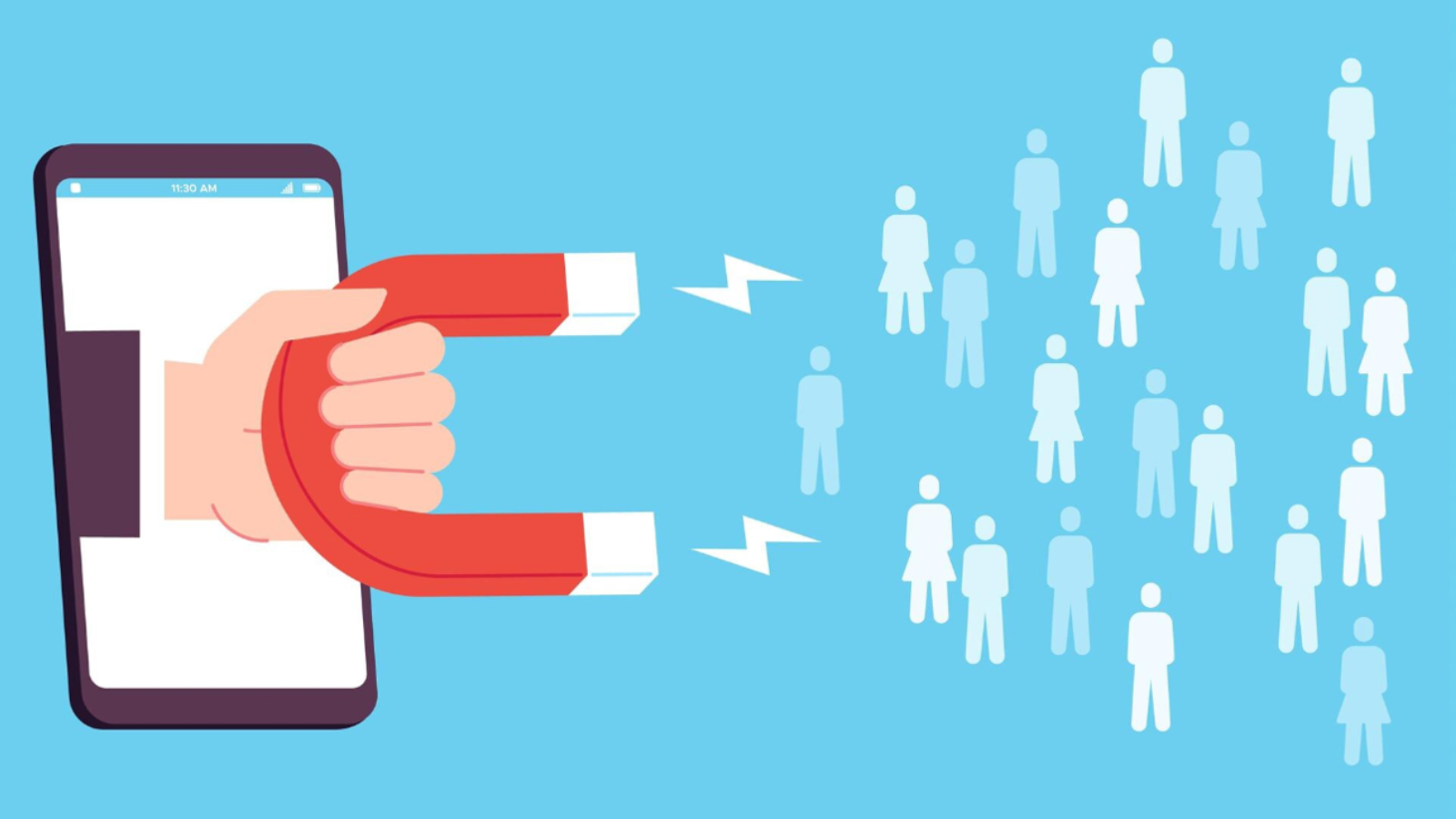 Cartoon magnet emerging from a smartphone draws in icons of people, symbolizing inbound marketing strategy that attracts qualified leads and nurtures potential customers.