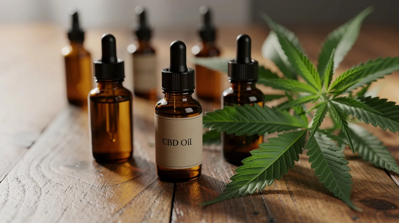 A close-up view showcases amber CBD oil tincture bottles arranged neatly on a wooden surface, accompanied by fresh green hemp leaves. The image highlights the earthy and distinct smell associated with CBD oil, emphasizing its connection to cannabis plants and natural compounds.