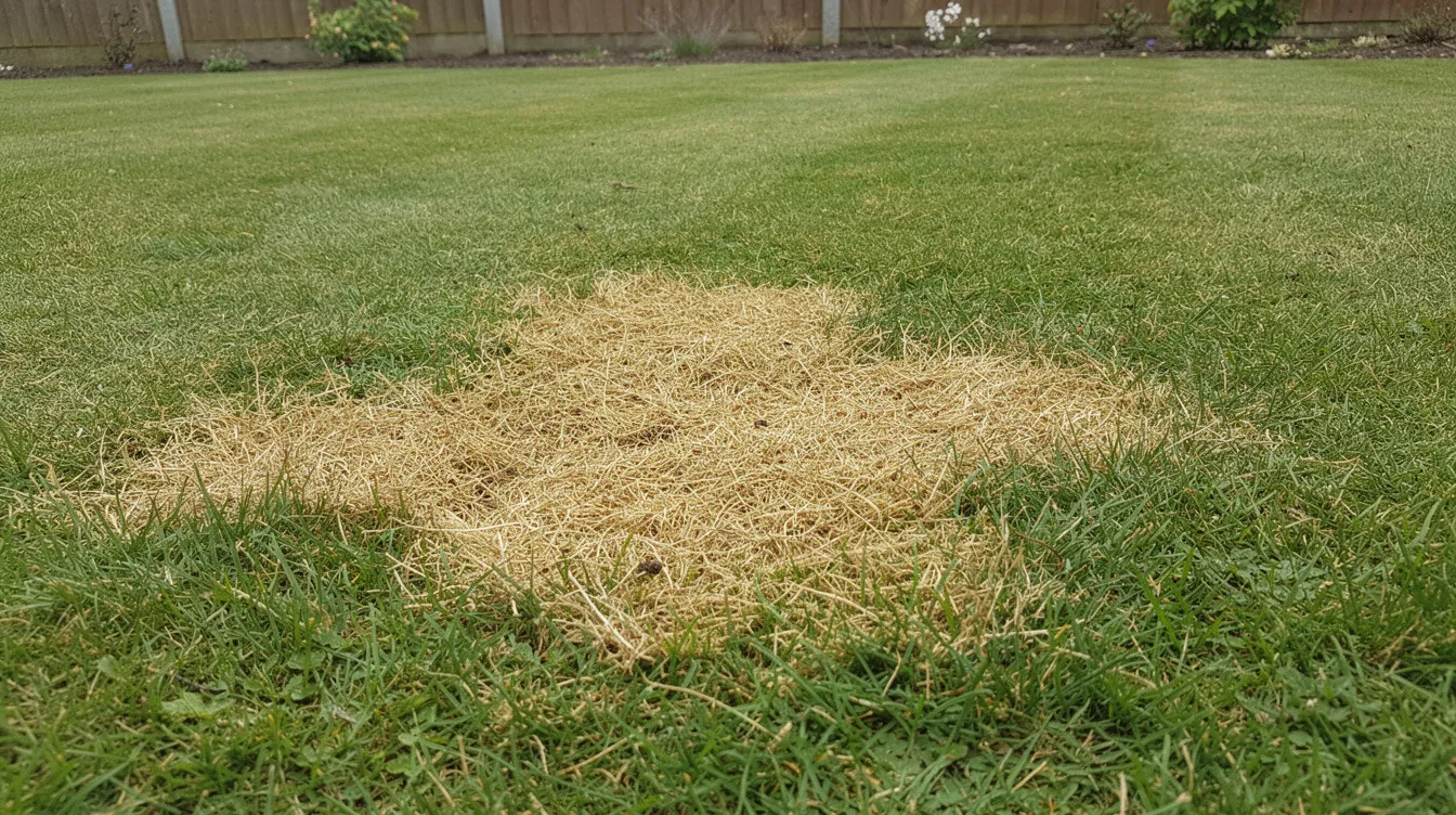 The image shows a patch of yellow dog urine on a UK lawn, surrounded by dead grass patches that indicate lawn burn damage. The affected area contrasts with the healthy green grass nearby, highlighting the impact of high nitrogen content in dog urine on soil health and plant growth.