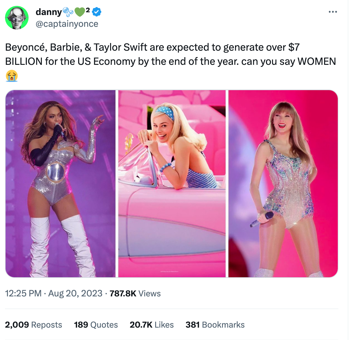 A screenshot of a Tweet that says "Beyoncé, Barbie, & Taylor Swift are expected to generate over $7 BILLION for the US economy by the end of the year. Can you say WOMEN."