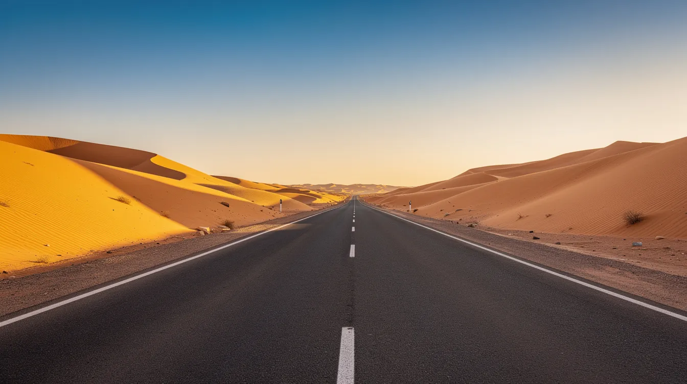 Une route désertique marocaine s'étend à travers un paysage de dunes de sable doré, tandis qu'un ciel bleu clair surplombe la scène. Ce décor évoque l'idée d'un voyage en voiture au Maroc, idéal pour explorer les paysages uniques du pays.