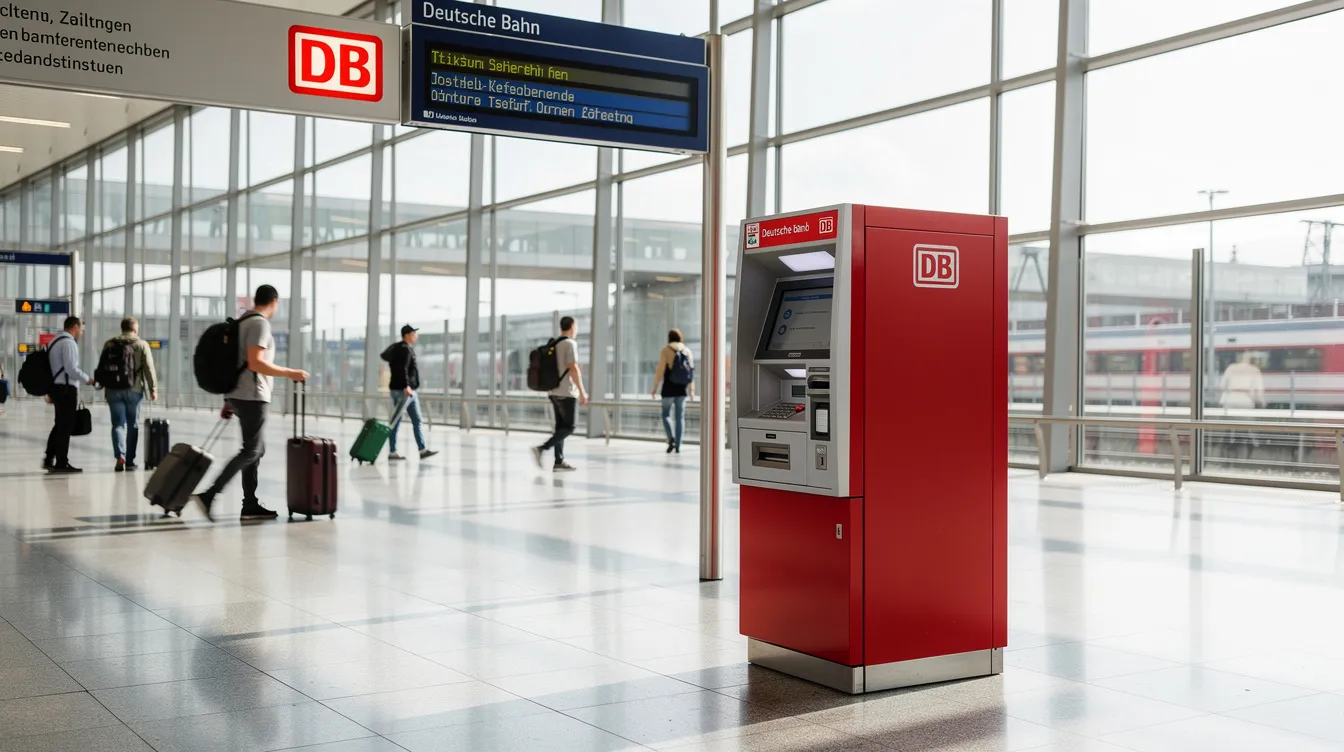 A red Deutsche Bahn ticket machine stands prominently in a clean and modern train station hall, with travelers walking past as they plan their journeys. This machine allows users to buy train tickets for various routes, including long-distance and regional trains across the German rail network.