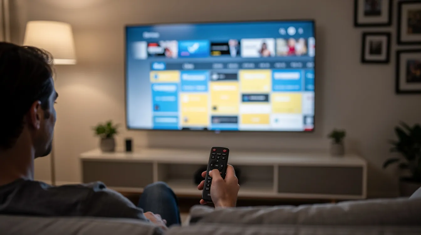 A person is sitting comfortably in front of a modern smart TV, holding a remote control and viewing a channel guide that displays various live TV channels. This scene highlights the convenience of IPTV services, allowing users to easily navigate through their favorite content on a user-friendly interface.