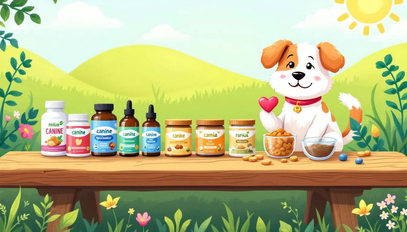 A selection of supplements for canine wellness on a table.