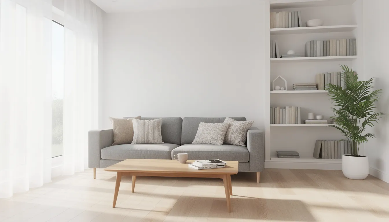 Ett ljust skandinaviskt vardagsrum med en grå soffa och ett soffbord i ek, där böcker pryder hyllorna. Rummet har en modern och stilren design som skapar en inbjudande atmosfär för hemmet.