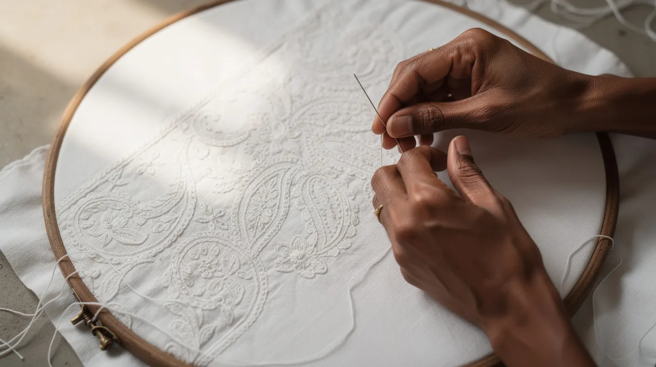 6c22f24a fafc 48b5 83a0 4f85f8f509ce The image depicts skilled Indian artisan hands meticulously working on intricate chikankari embroidery on a piece of white fabric, showcasing the detailed craftsmanship involved in this traditional textile art. This art form represents a potential profitable business idea in Uttar Pradesh, highlighting the growing demand for handcrafted textiles.