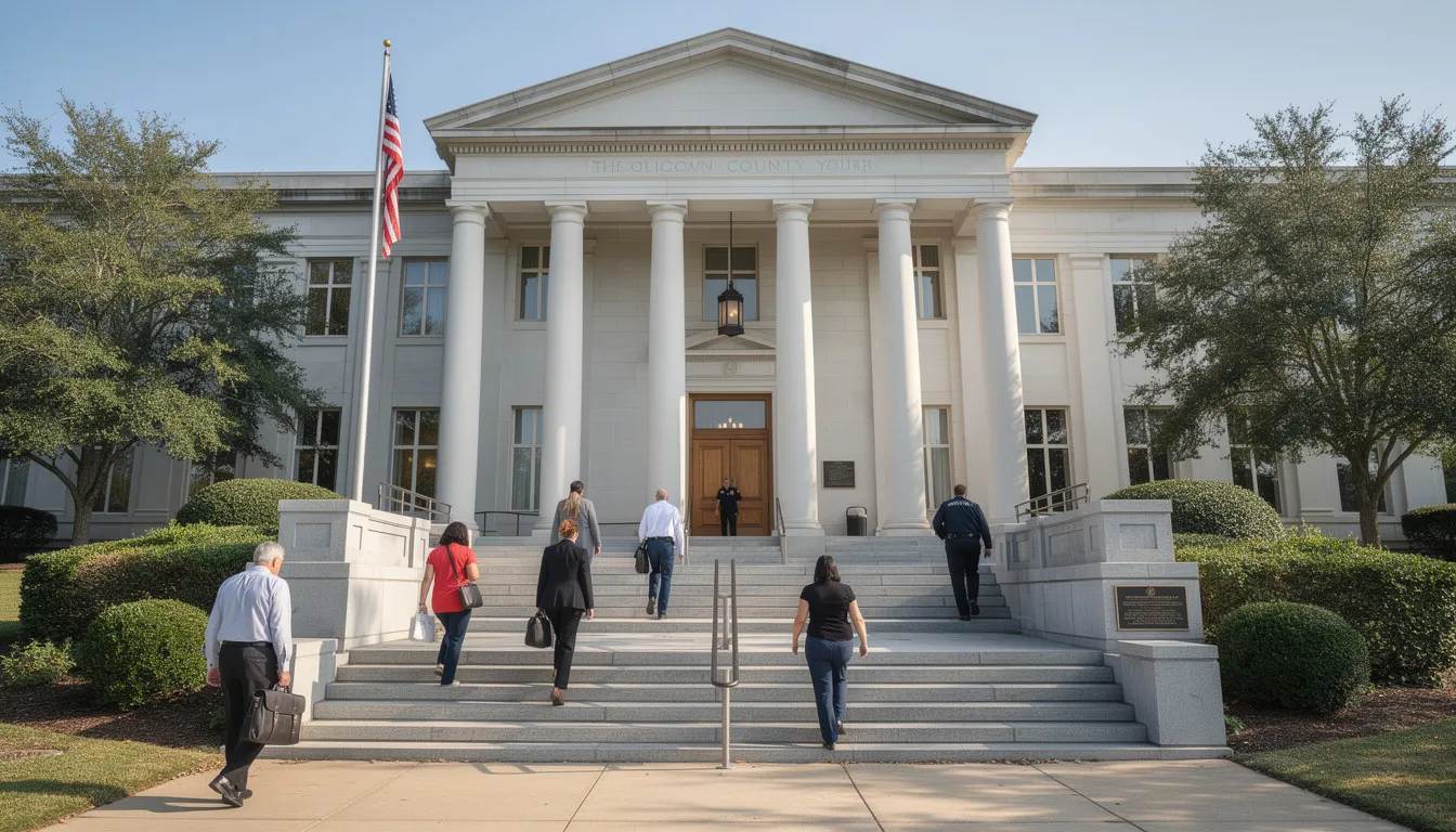 The image shows the exterior of a county courthouse, with several people walking up the steps, likely heading to address legal matters such as family violence offenses or seeking information about community supervision and nondisclosure orders. The imposing architecture of the courthouse suggests its significance in handling criminal records and procedures.